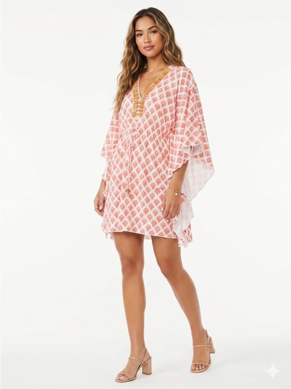 Cabana Life Beaded V-Neck Drawstring Medallion Cover Up Tunic Orange White M - Picture 1 of 12